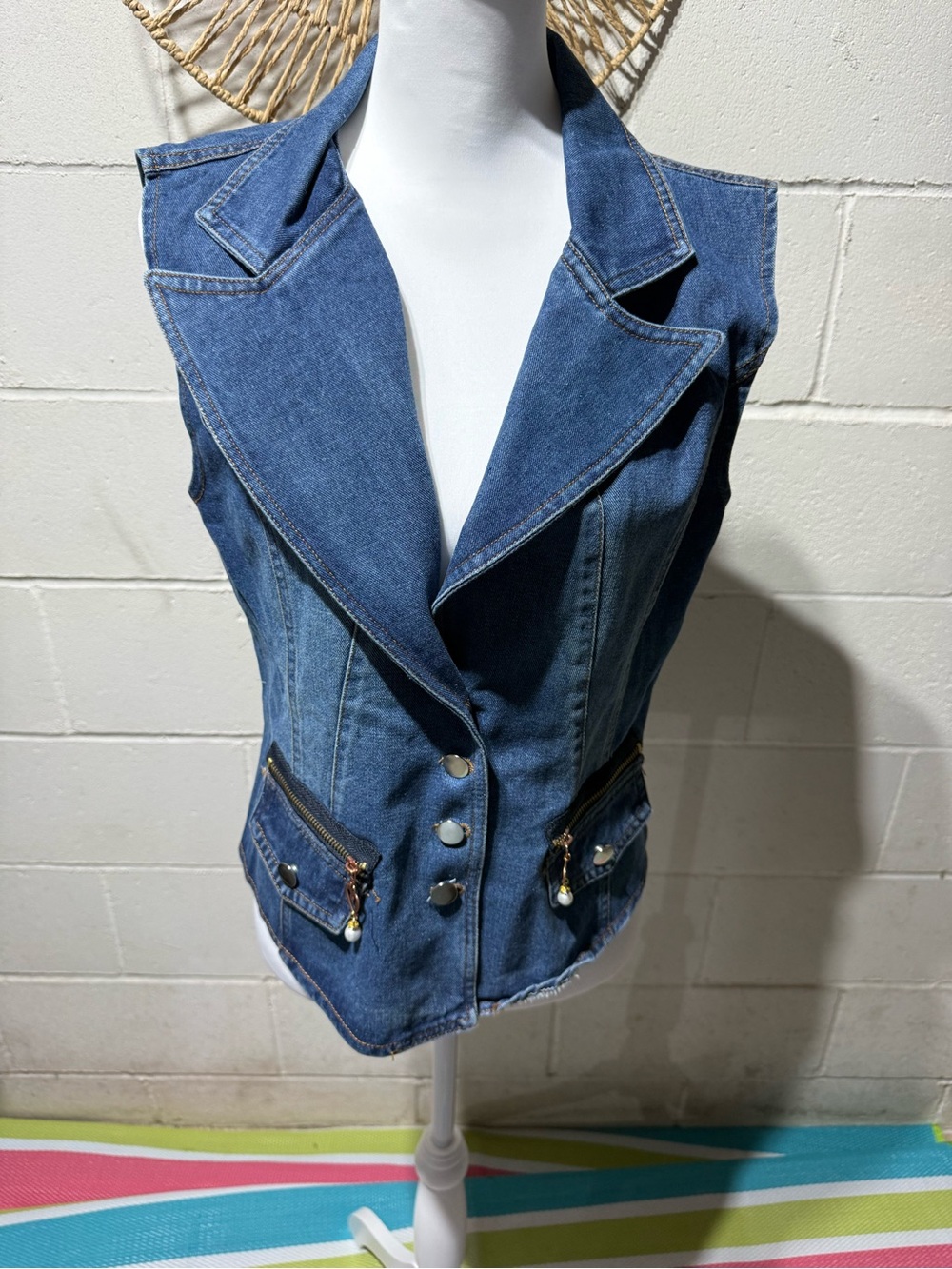 Sleeveless over sized  Denim Vest with Notch Lapel